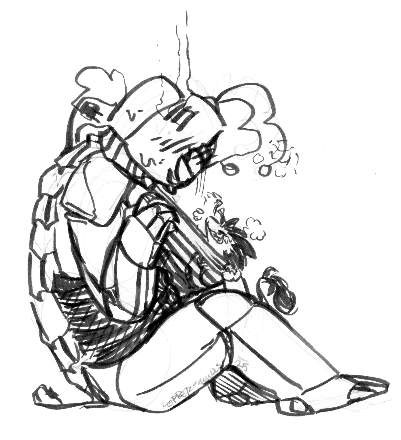Traditionally inked drawing of Spamton and Tenna. Tenna is sutting on the floor, naked, leaning fowrards with a hand covering his screen as he furiously blushes and heat is coming out of his vents. His antennae are twitching. Spamton is hanging in wires coming out of his chest, devilishly grinning as he pulls on the tie still looped around Tenna's neck.