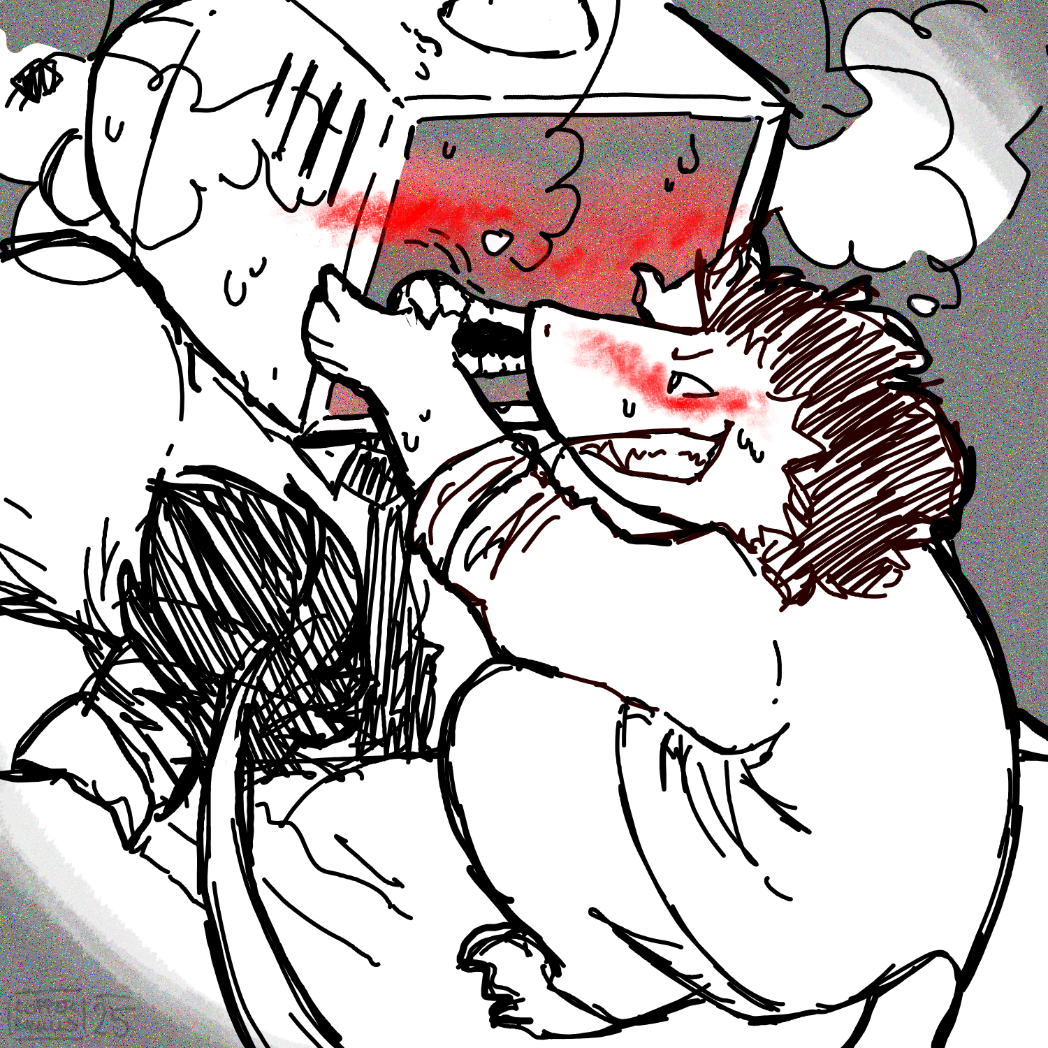 Drawing of Spamton and Tenna. Spamton has a devilish grin, confidently shoving his thumb into the corner of Tenna's mouth,m pulling to reveal his fangs. Tenna is digging into the table, screen gray and red, hot air wafting out of his vents.