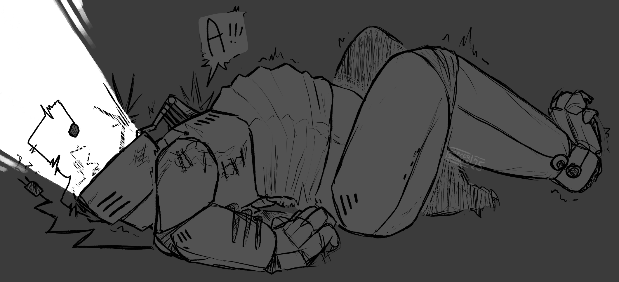 Digital drawing of Spamton (puppet, barely visible) and Tenna, done on a darker gray. Tenna is laying on his back, naked, back buckling and toes curling as an orgasm blasts through him, making his screen erupt in light. He's bitten down on a tail that is partially tugging on his wires. A scream speech bubble is pointing towards where Spamton is implied to be inside his chest.