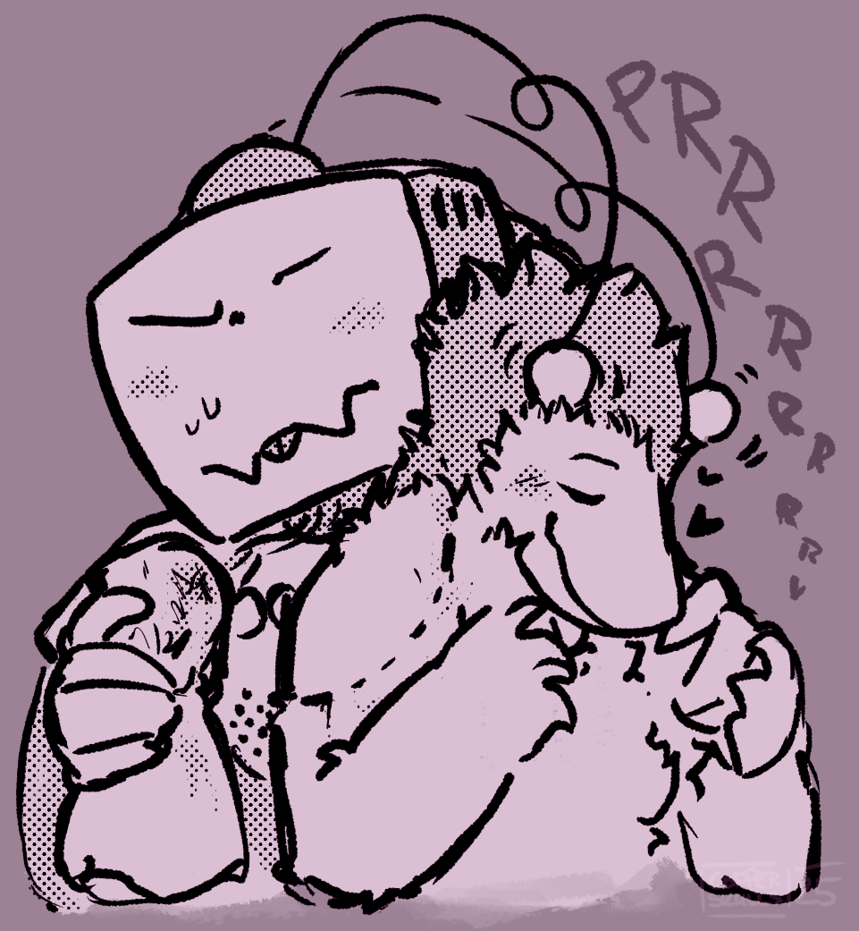 Digital drawing of Tenna and Spamton. Tenna is behind spamton, dabbing a towel over a bitemark on Spamton's shoulder, looking incredibly focused on his task. His antennae are buried in Spamton's fluff. Spamton is looking happy, holding Tenna's free hand loosely, purring.