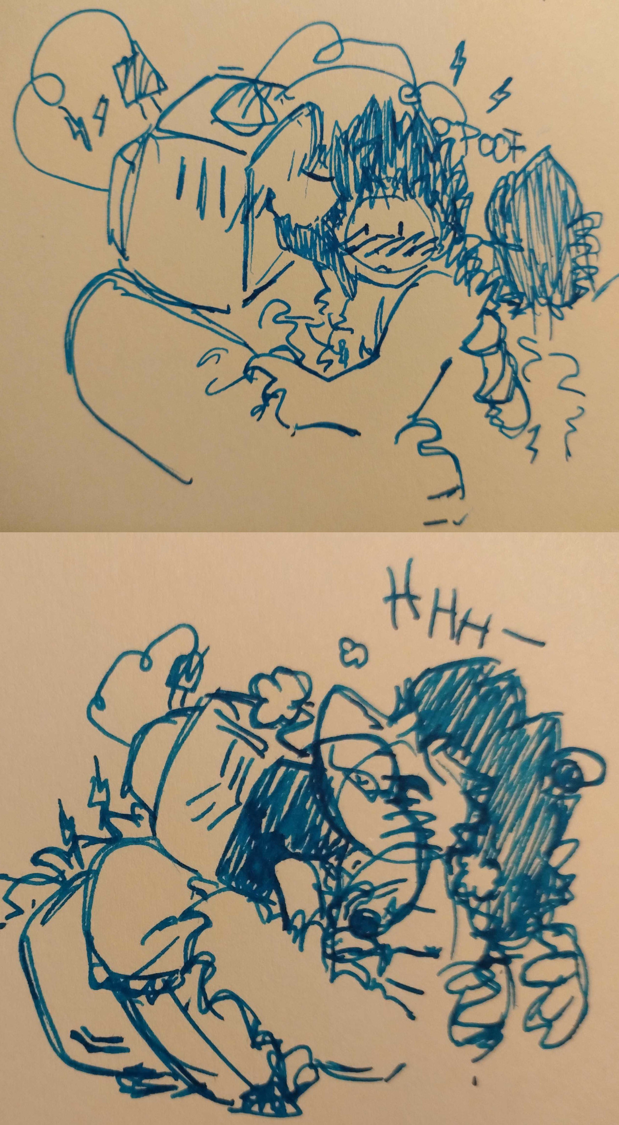 Sequence of two rough pen sketches of Tenna and Spamton. Both are naked, holding onto each other. In the first one, Tenna is licking the side of Spamton's face, whose fur visibly poofs up as he blushes. In the second one, Tenna's screen is turned off, and he's licking up Spamton's chest, while Spamton is whimpering and panting heavily.