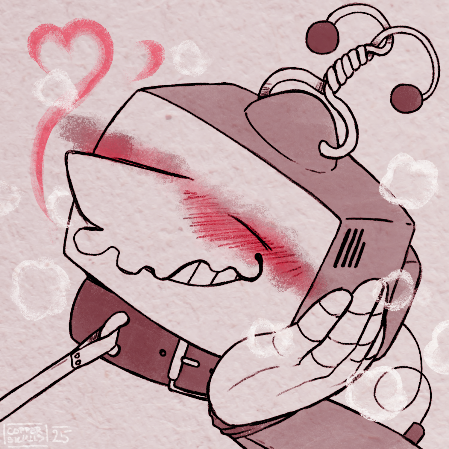 A drawing of Tenna done digitally in shades of pink. He's leaning on his hand, with a goofy smile and a collar around his neck, with a leash pulled taut. His antennae are curled together and he's visibly turned on.