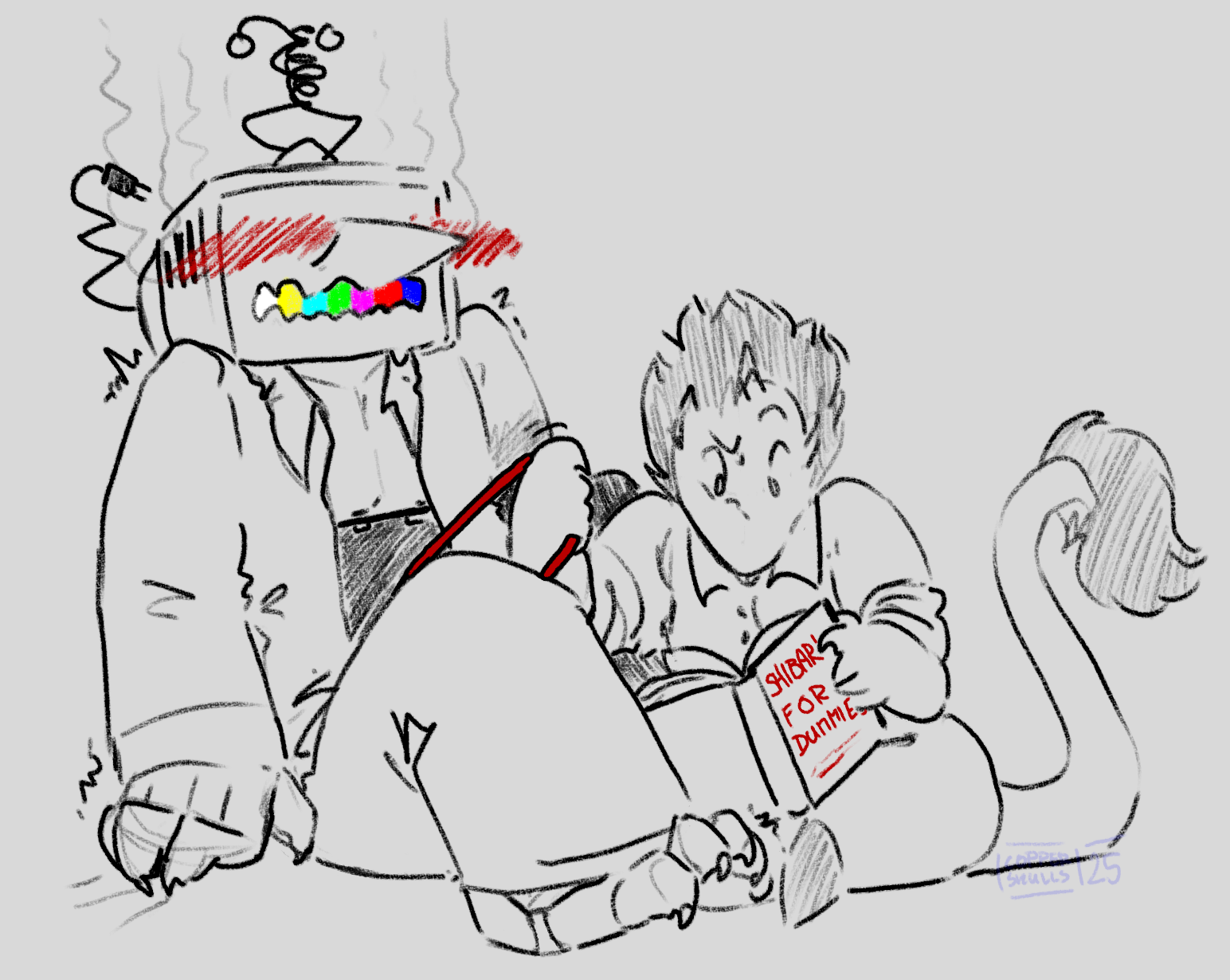 Digital sketch of Tenna and Spamton. Tenna is sitting with his mouth open, claws dragging around the ground and toes curling. His mouth shows color bars, his head is overheating and his antennae are curled. The culprit is his open stomach compartment, a single red wire being absentmindedly tugged on by Spamton, who is focusing on an open book labelled 'Shibari for Dummies'.