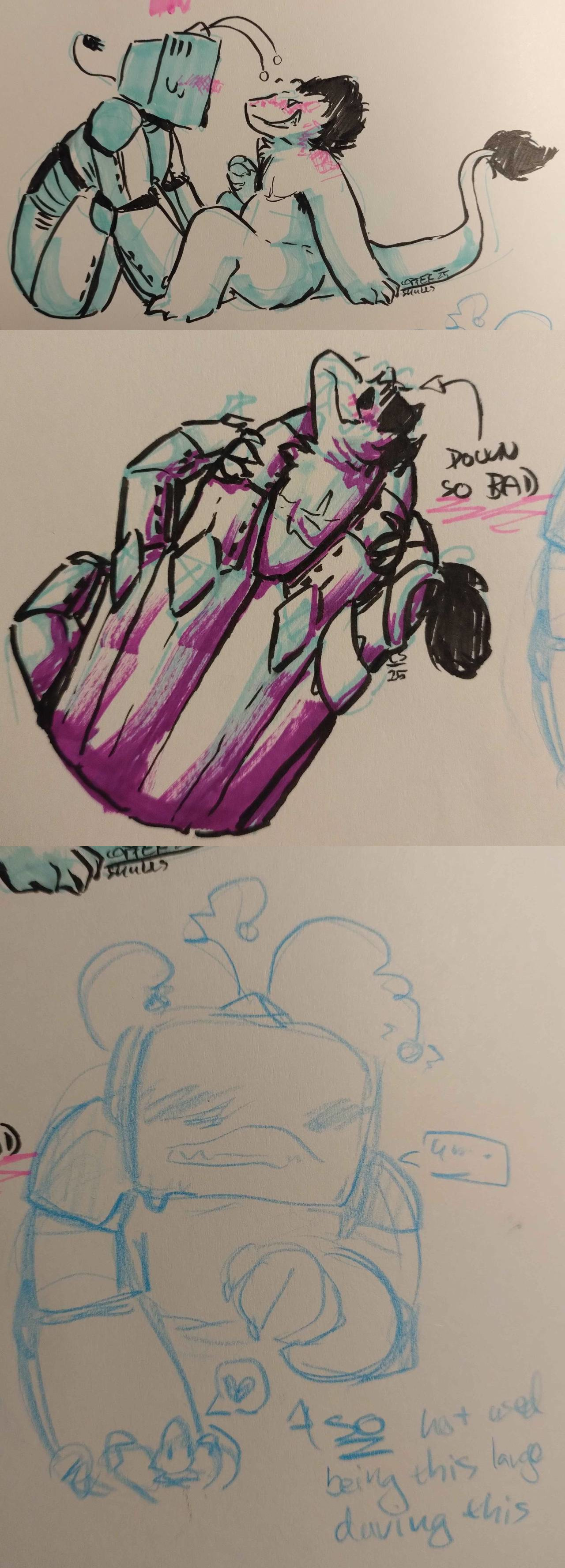 Three rough traditional drawings of Spamton and Tenna, accented with markers. Spamton has visible top surgery scars and bit of a pudge. First: Tenna sitting on his hunches between Spamton's legs, looking him directly in the eye as he grins, leaning back on his tail. Second: Spamton, dreamily looking up at Tenna, pinned under his massive hand, tail wrapped around his pinkie finger. He's labelled as 'down SO BAD'. Third: Tenna, massive, flustered and with an unsure expression, tiny Spamton pinned under his hand. He's labelled as 'SO not used to being this large during this'.
