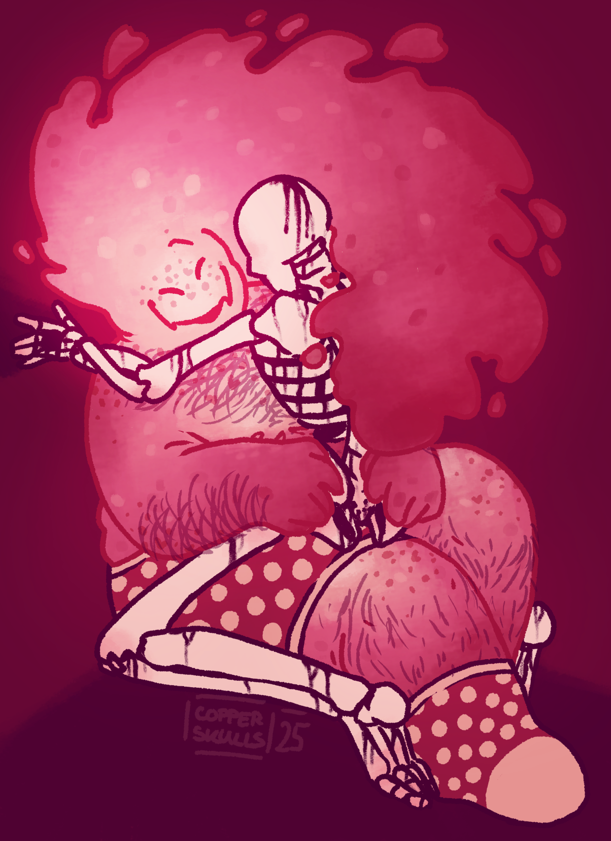 Digital art of Grillby and Gaster. Grillby is a massive fire elemental, fat and with a massive swoop of fire, with freckles and polka-dot boxers and socks. Gaster is sitting on his lap, a completely naked skeleton with strange black liquid oozing from crevices in his bones. We can't see his face, but he's looking directly at Grillby, who is smiling wide.
