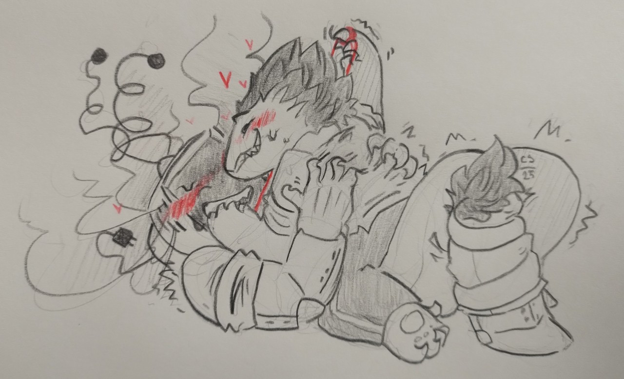 Traditional drawing of Tenna and Spamton. Tenna is laying under Spamton, claws sinking into his shirt as Spamton pulls on a sharply red wire. They're both shaking and flushed, and Spamton's tail is curled around Tenna's leg. Despite both being very clothed, they're obviously aroused, both visibly sweating.
