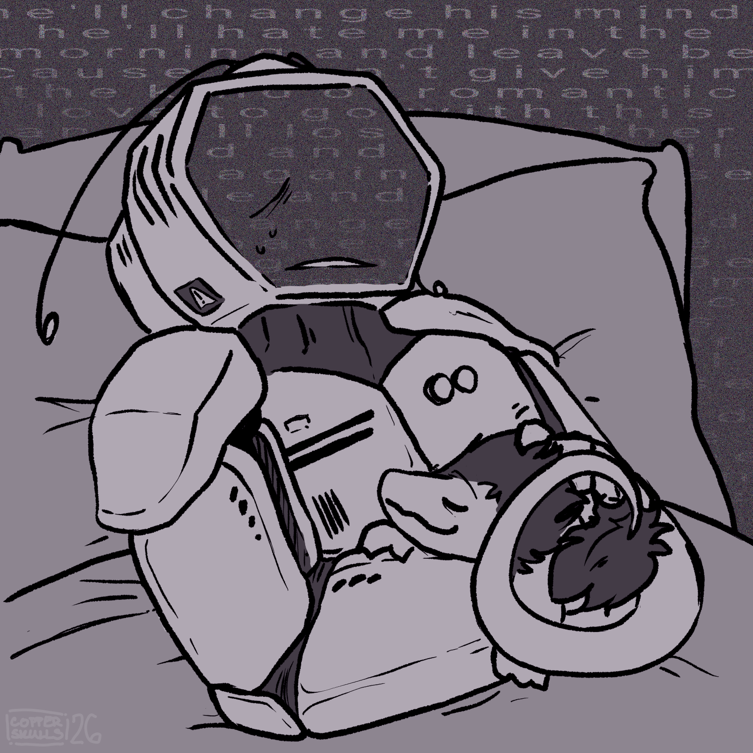Drawing of Spamton and Tenna. They're lying in a bed, Spamton curled up in Tenna's arms while Tenna is leaning against a headboard, awake. Tenna is sweating, his screen black apart from an eyebag and a thin, scared line for his mouth. His antennae are pinned backwards. He's clearly spiralling, the following words and static filling his screen and background: 'He'll change his mind. He'll hate me in the morning and leave because I Can't give him the kind of romantic love to go with this and I'll lose another friend. And I'll be all alone again and miserable and ALONE.'
