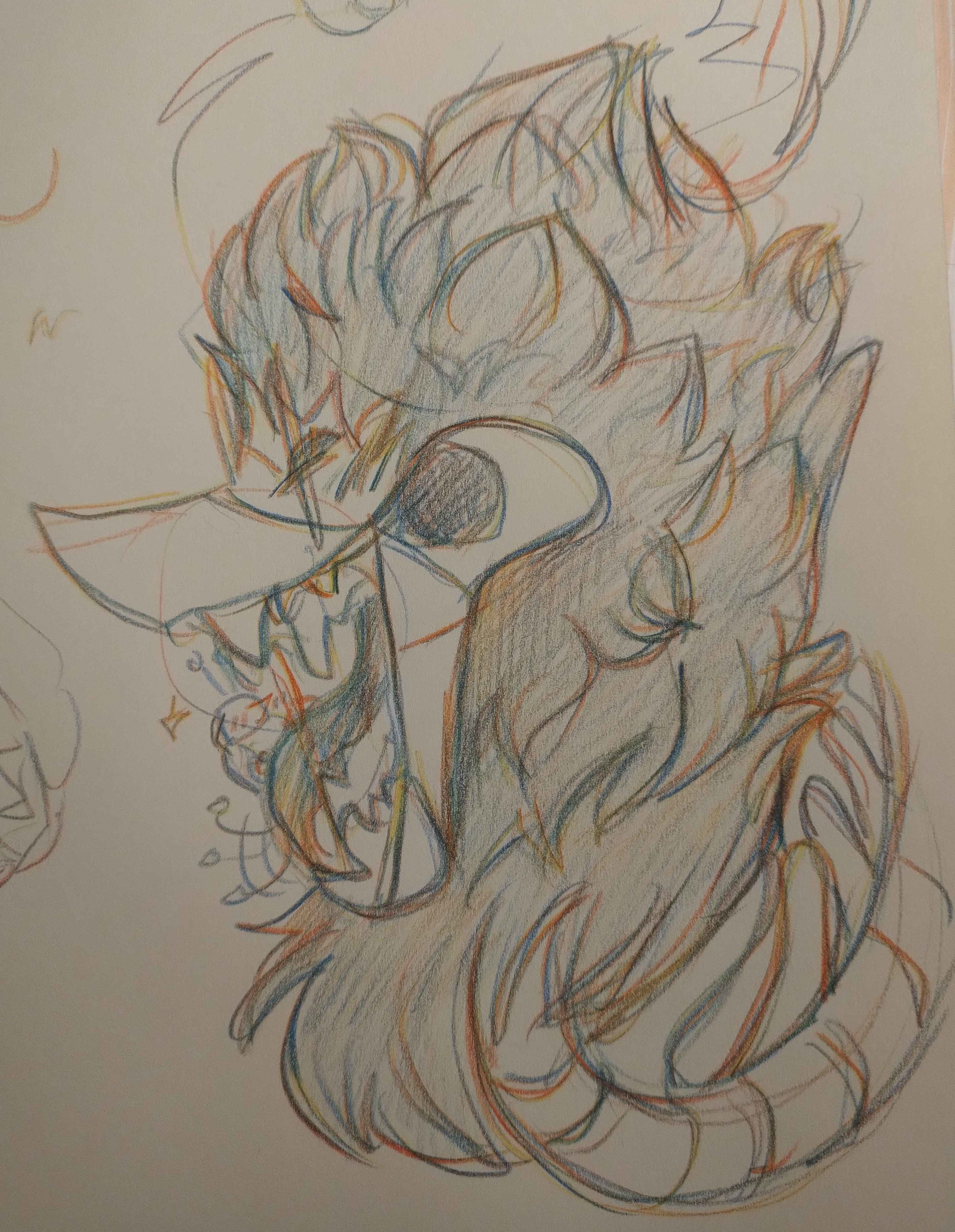 Sketch done in rainbow pencil. It depicts Spamton NEO, with a massive black mane sat on a thin, tube-like neck. He's grinning wide, two sets of teeth and his tongue on full display. Tenna is sitting right next to his tongue, blushing, tail aggressivelly wagging.