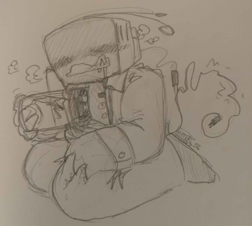 Traditional sketch of Tenna. He's kneeling on the ground, alone, his shirt undone. One hand is pulling on a set of wires from his exposed chest, the other is clawing into his thigh.