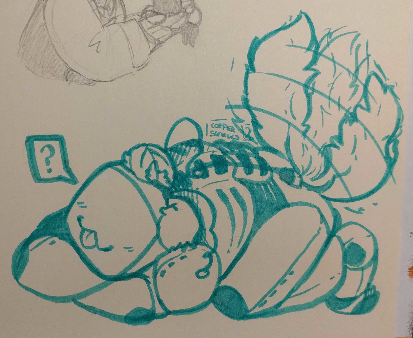Traditional drawing done in blue marker of Tenna. He is laying on the floor, legs tucked underneath him and head on his arms. His head is playfully titled to the side. He's not wearing anything, apart from a pair of floppy ears attached to his antennae. A tail is plugged into a cable running through his exposed spine, wagging.