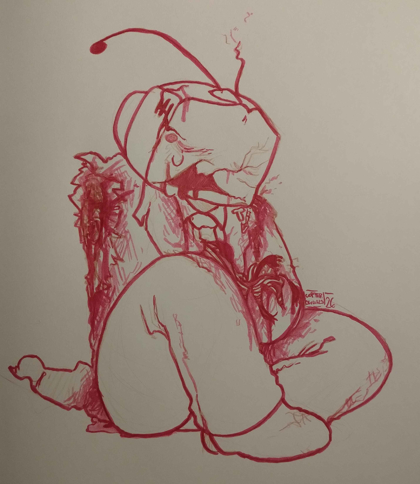 Traditional drawing of Tenna done in red markers. One of his arms is torn off, his screen cracked. Pink liquid seeps from cracks all over. With his other, barely attached arm, he holds a large bundle of wires spilling from his stomach area.