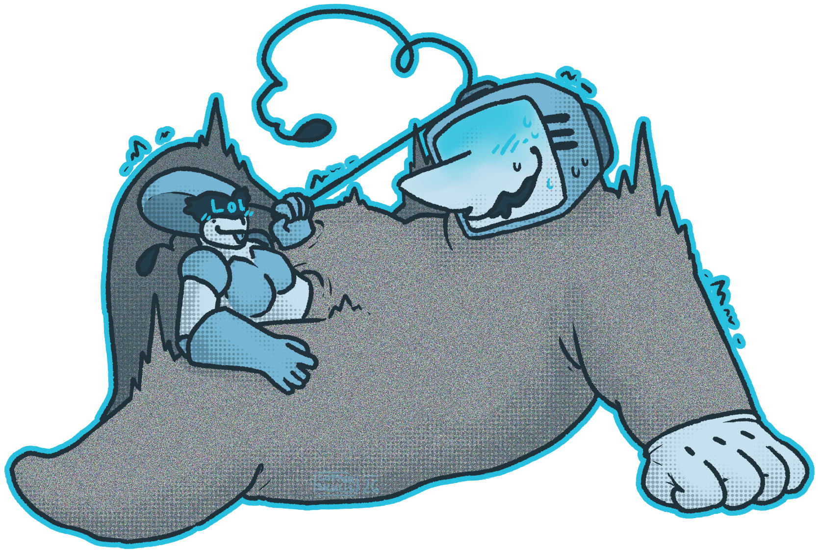 Digital drawing done in tones of blue, gently shaded with a screentone. It depicts Tenna, with a CRT head and body made out of static, and Queen. Tenna is braced with his hands against the ground, looking clearly aroused as Queen, up into her torso sunk into Tenna's lower body, tugs on one of his antennae. Her visor says 'LOL'. They are both blushing.