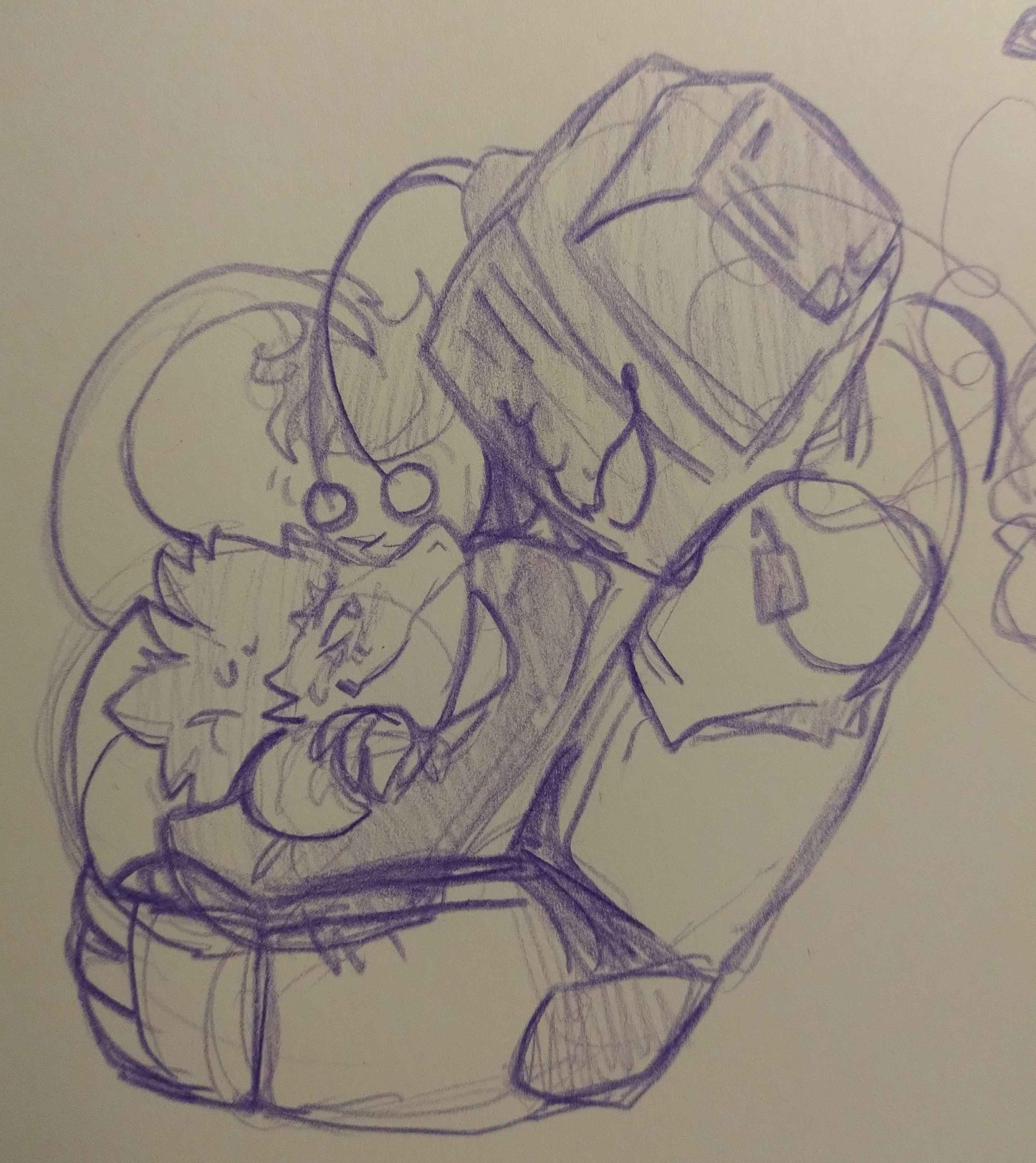 Sketch done in purple pencil. It depicts Spamton, sweating and laying on a pillow on Tenna's stomach, looking contendedly up at the CRT: Tenna is looking down on him, also grinning and sweating, antennae swaying near Spamton's nose. It is pretty much heavily implied they've just had sex.