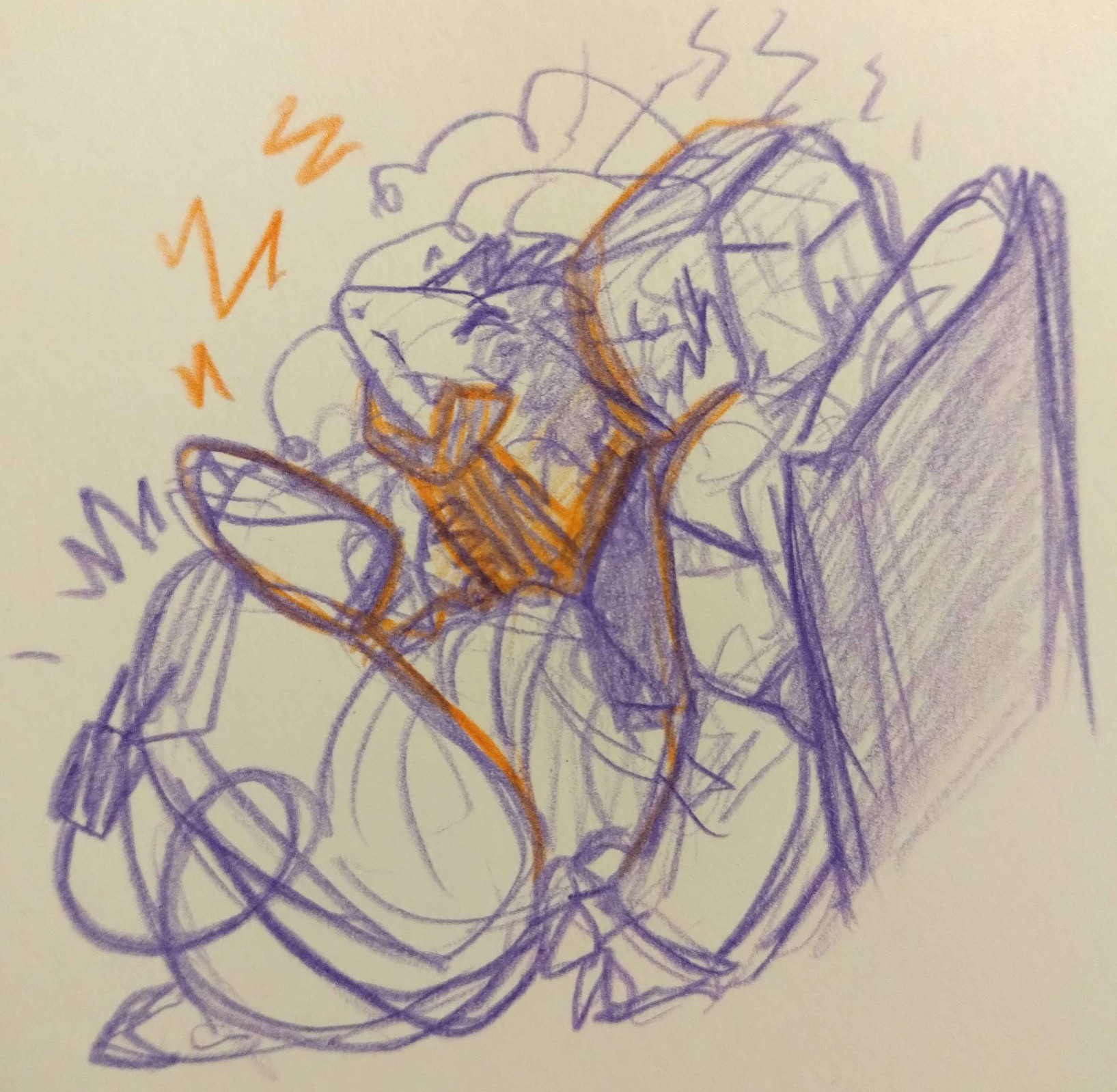 A very rouch sketch done in purple and orange pencils. The main body of the sketch is in purple, orange being used to make the division between the two characters more readable. Spamton is sitting on Tenna's stomach, the CRT's wires looped behind his shoulders and then through his jaws. He's pulling at them giddily. Tenna is braced against a headboard, chest compartment open, heat coming off him. He has one of his lefs hooked around Spamton, thus effectivelly caging him in his hold. His antennae and tail are all curled, and he's flushed and shaking.