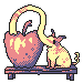 Pixelart piece of a tapir-like creature with a long snout, next to a massive apple. It is colored in with an old gameboy palette.
