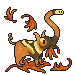 Pixelart piece of a tapir-like creature with a long snout playing with autumn leaves. It is colored with warm oranges and cream and brown stripes.