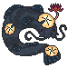 Pixelart piece of a tapir-like creature with a long snout playing with autumn leaves. It is colored with warm oranges and cream and brown stripes.