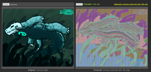 Screenshot of an example encrypted image: an unaltered image of a dragon is on the left, and an ecrypted, wildly colorful and striped version is on the right.