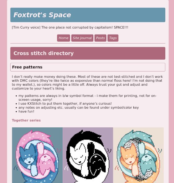 A much more polished version of the site in light pinks, with blue as an accent color.
