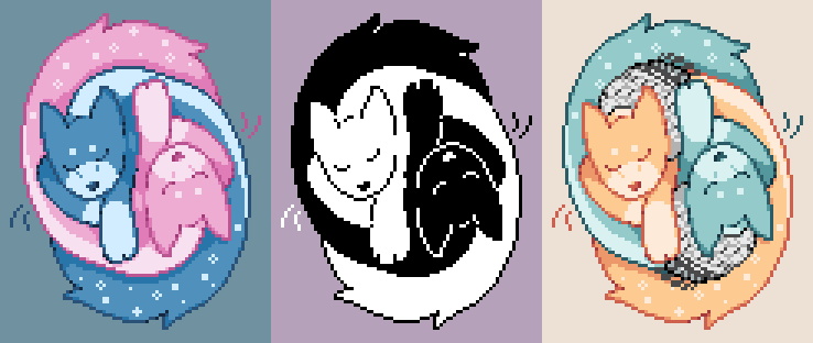 Preview of three patterns of two cats curled up: one black & white, one in light blue and light pink, and one in blue and orange with kufiyas.