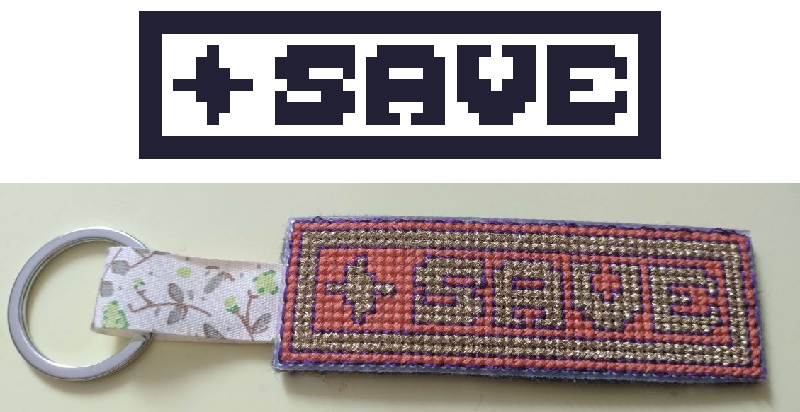 Preview of a pattern of a &lsquo;SAVE&rsquo; button, stylized as the buttons in Undertale. Underneath it is a finished keychain of the pattern.